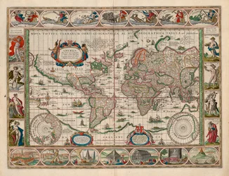 Karte aus der Kartensammlung der Nationalbibliothek. Die Karte wurde 1635 veröffentlicht und zeigt eine Weltkarte